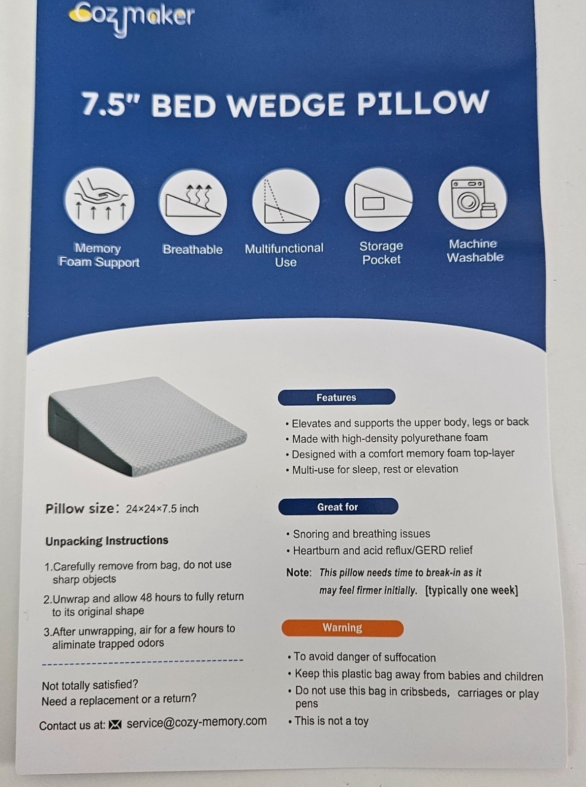 CozyMaker Memory Foam Bed Wedge Pillow 24 x 24 x 7.5" For Sleeping & Leg Support