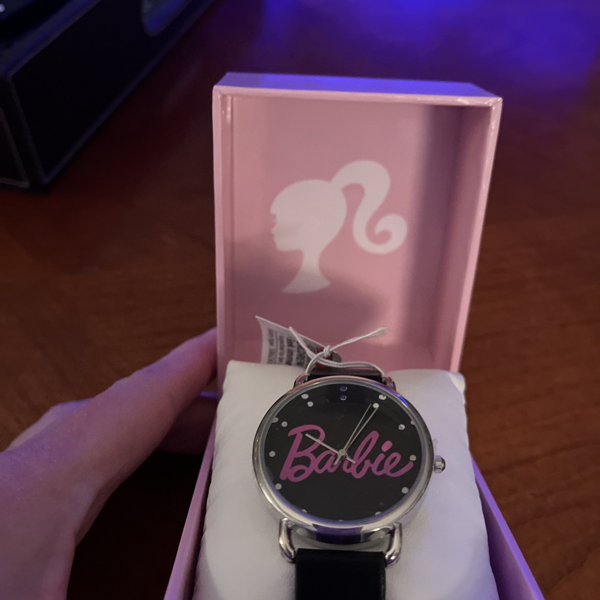 Barbie Mattel Watch Black Faux Leather Band Black Face NIB Silver