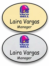 1 GOLD & 1 SILVER OVAL TACO BELL PERSONALIZED NAME BADGES SAFETY PIN FASTENER
