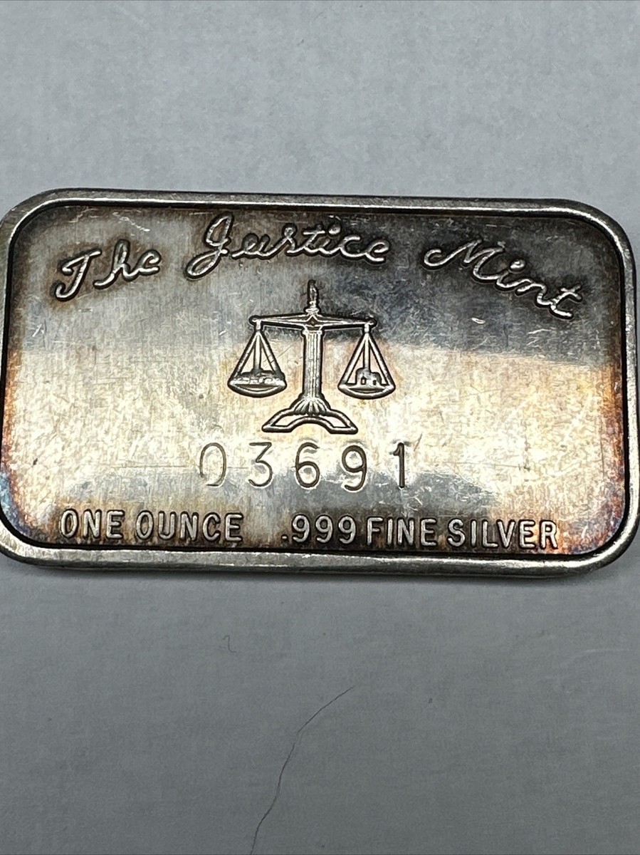 COLLIE DOG THE JUSTICE MINT 1973 VERY RARE 999 SILVER BAR Toning