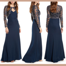 NWT 308 Tadashi Shoji Darya Crepe  Embroidered Lace Gown Blue SZ 14  G715