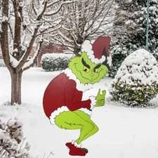 Grinch Stealing - Hand Painted Wood Yard Art - Christmas - Outdoor or Indoor