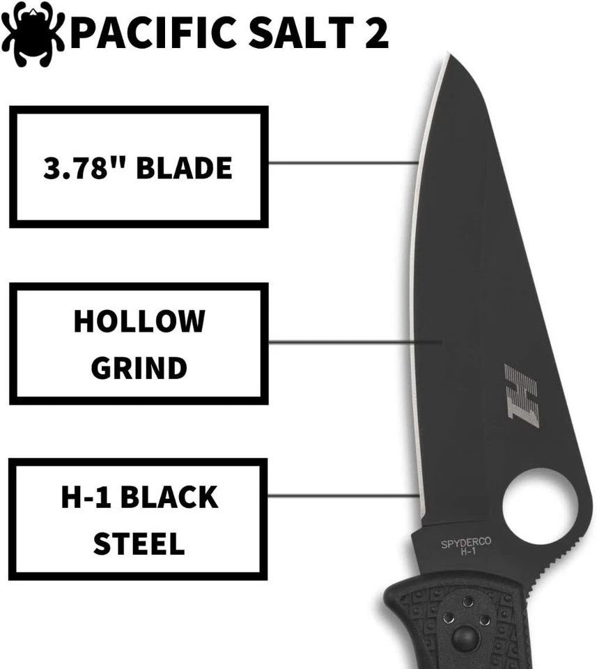 Navaja de bolsillo plegable Spyderco Pacific Salt 2 3,78" negra H-1 borde liso C91PBBK2 Foto 3 de 4
