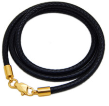 2mm Black Rope Leather Cord Chain Gold Tone Stainless Steel Lobster Clasp 16-32"