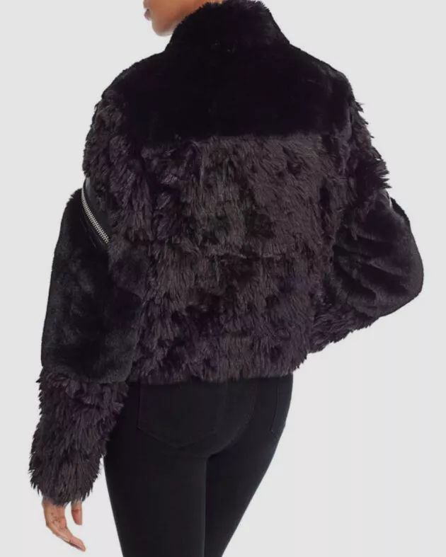 1184 The Kooples Women s Black Curly Zip Faux Fur Moto Jacket