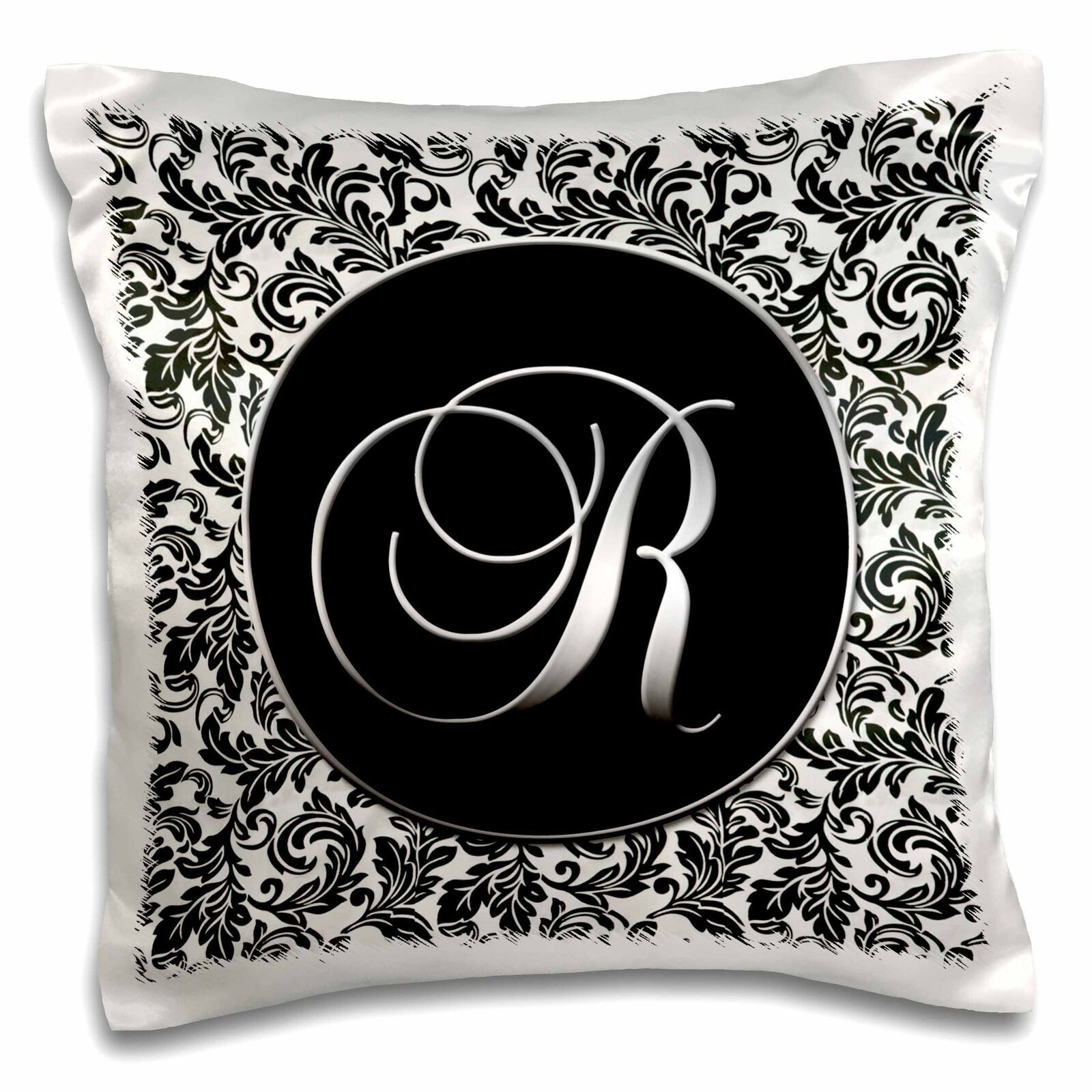 3dRose Black White Damask Letter R Pillow Case 16x16 Inches