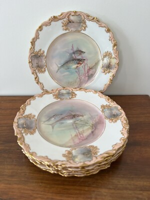 Hammersley Co English Bone China Hand Painted Fish Plate Gilt Set Of 8 Ornate