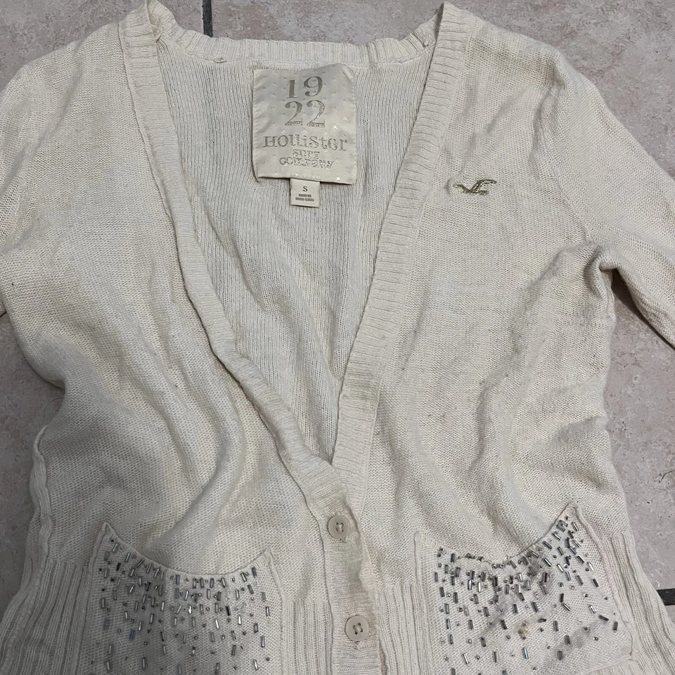 Cárdigan Vintage Y2K Hollister Crema Botones con Detalles de Estrás Plateado S Foto 3 de 4