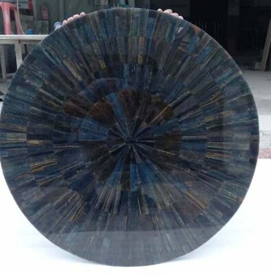 Round Coffee Table Top Blue Tiger Eye Stone Random Work Corner Table for Cafe