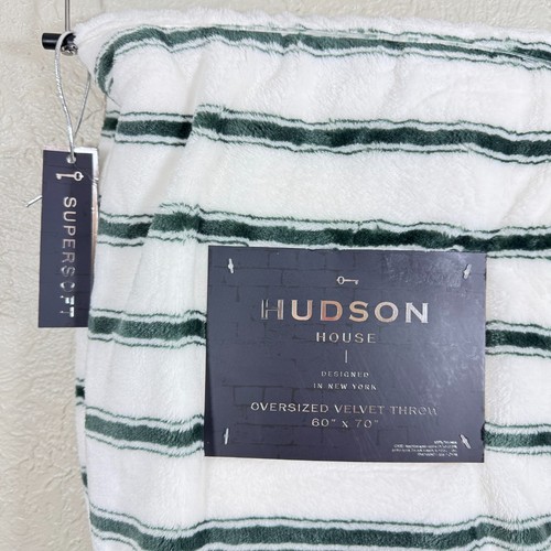 Hudson House Throw Blanket 60x70 Oversized Velvet Plush Green White Stripe New - Picture 8 of 9