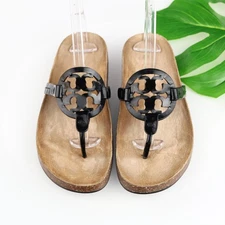 Tory Burch Womens Miller Cloud Sandals Size 9 M Black Patent Thong Cork Shoes