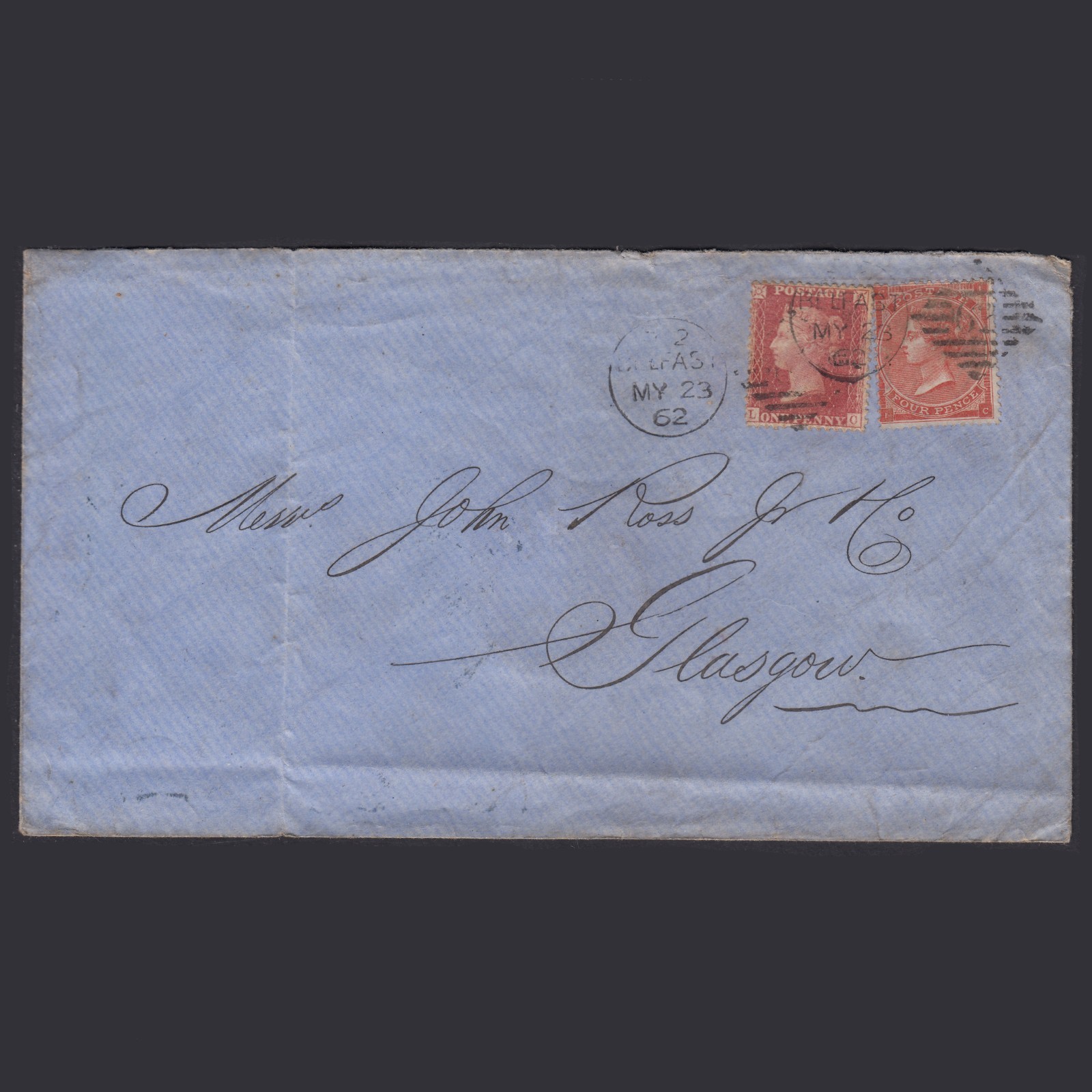 AB49_04 GB QV 1862 4d Pale Red SG80-J52(2) IC FU & 1d SG40-C10(1) Pl 66 on Cover