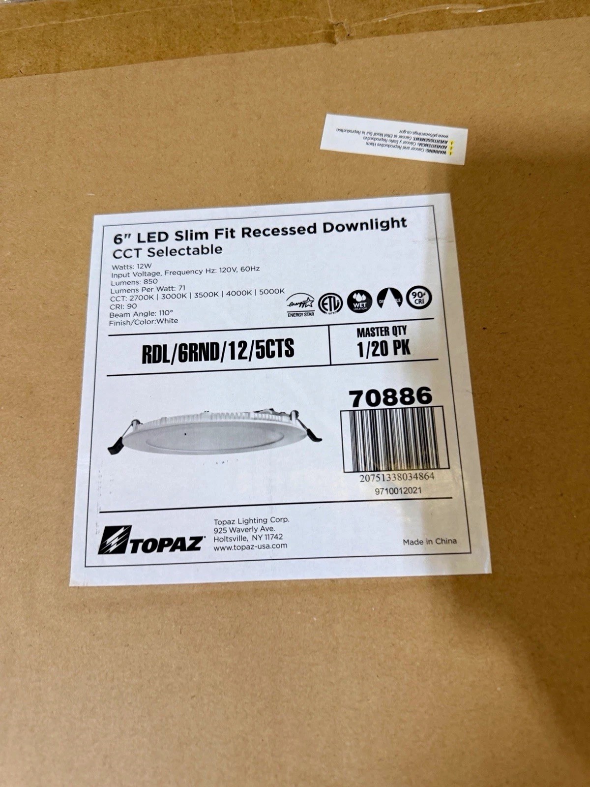 20 Pack Topaz 6" LED Slim Fit Recessed Downlight, MPN RDL/GRND/12/5CTS