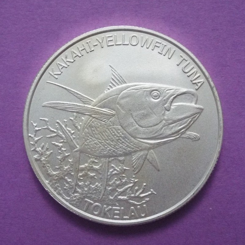 2014 TOKELAU Five Dollar YELLOWFIN TUNA One Ounce .999 Silver Bullion Coin.