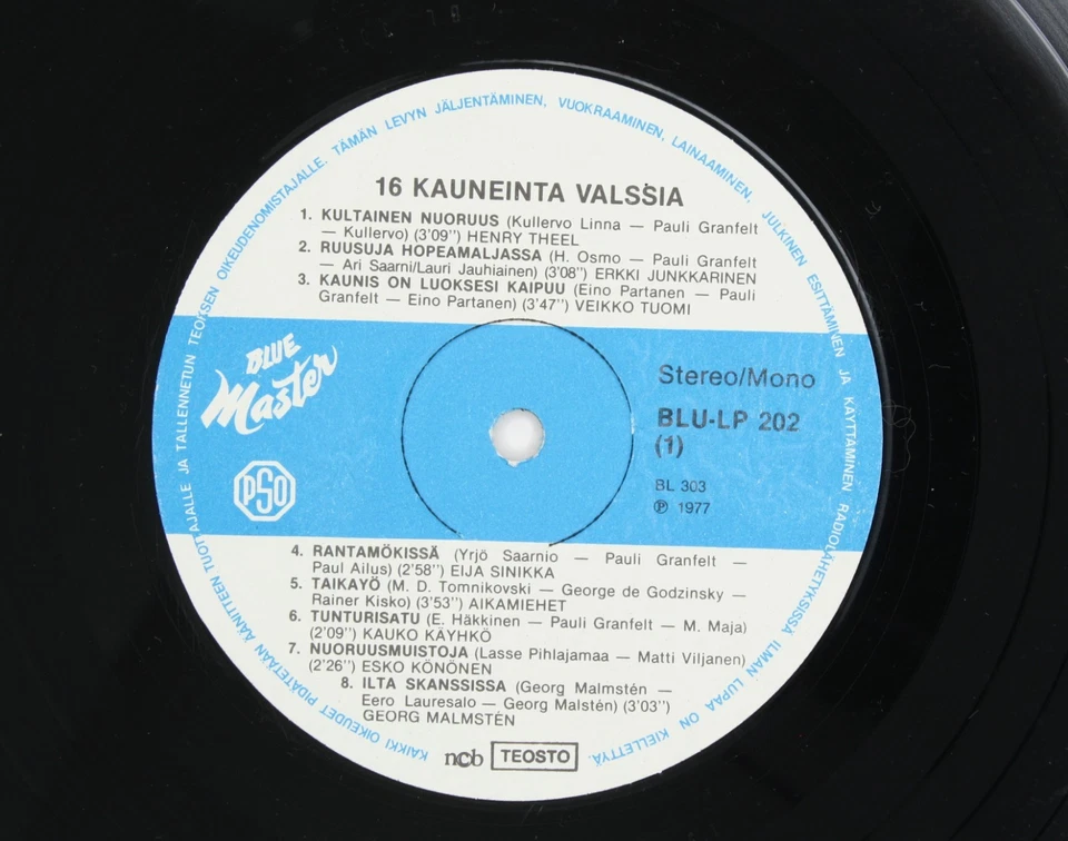 1977 Blue Master BLU‑LP 202 16 Kauneinta Valssia Finnish Schlager Compilation LP - Image 4 of 4