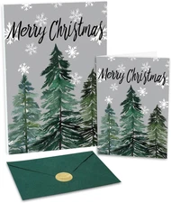 Boxed Christmas Greeting Cards 5" X 7" Watercolor Xmas Tree & Snowflake (24 with