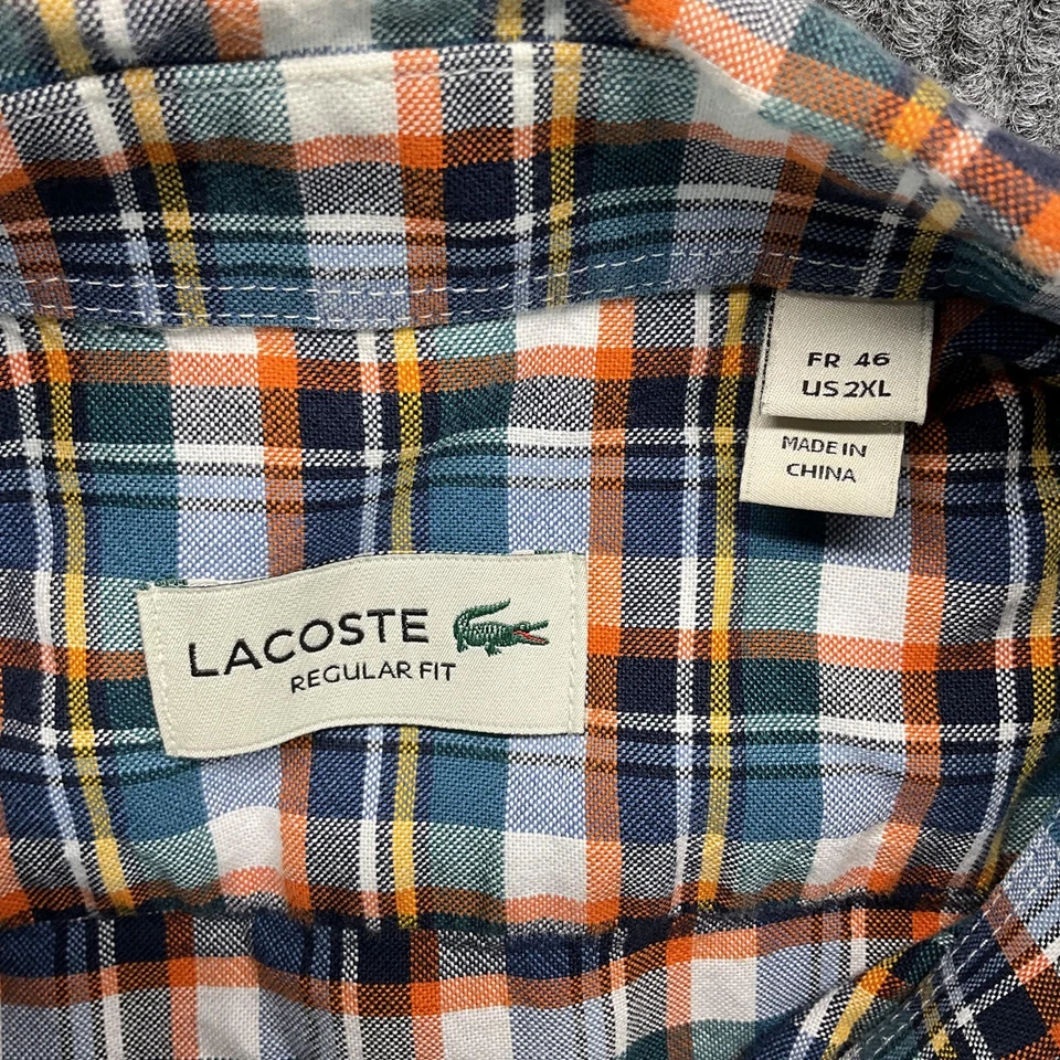 Lacoste Shirt Mens 2XL Blue Orange Plaid Regular Fit Button Down Long Sleeve - Image 4 of 4
