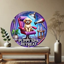 2D Flat, 8-Inch Round Aluminum Sign - Puppy Spa Design Featuring a Cute Golden R