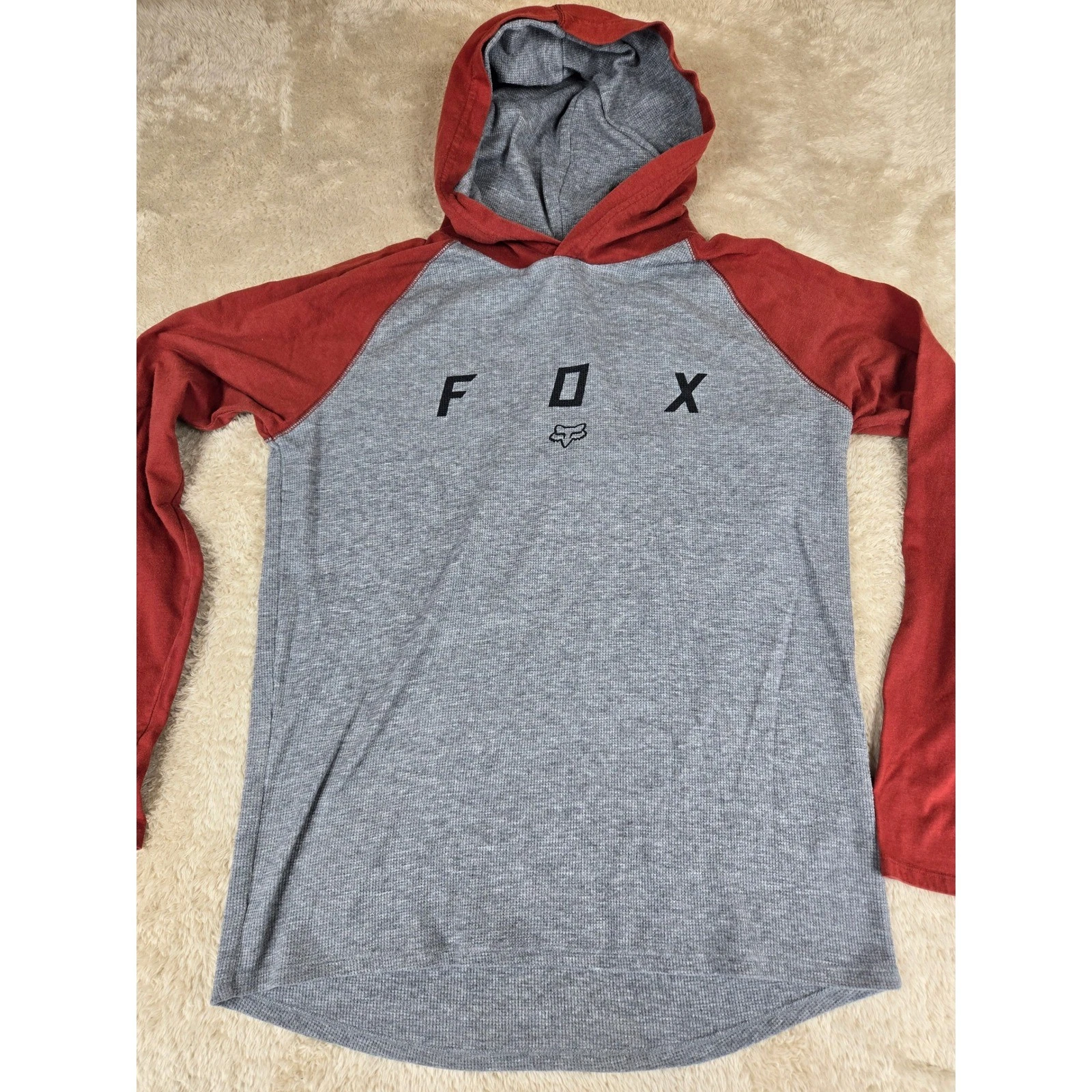 Fox Racing Mens Grey Red Waffle Knit Thermal Raglan Hoodie L