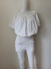 Vtg 70's Lace Romper Shortall White Top Attached Bloomer LG Pin Up Cottagecore