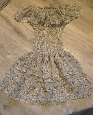 Zara Basic Floral Off Shoulder Smocked Mini Dress Boho Tiered Ruffle Size S