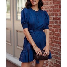 Cartolina Bonnie Nantucket Navy Blue Cotton Puff Sleeve Ruffle Mini Dress Small