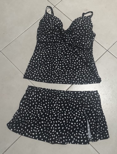 Damen Größe 14 ISLAND ESCAPE 2-teiliger Tankini Badeanzug schwarz mit weißen Tupfen