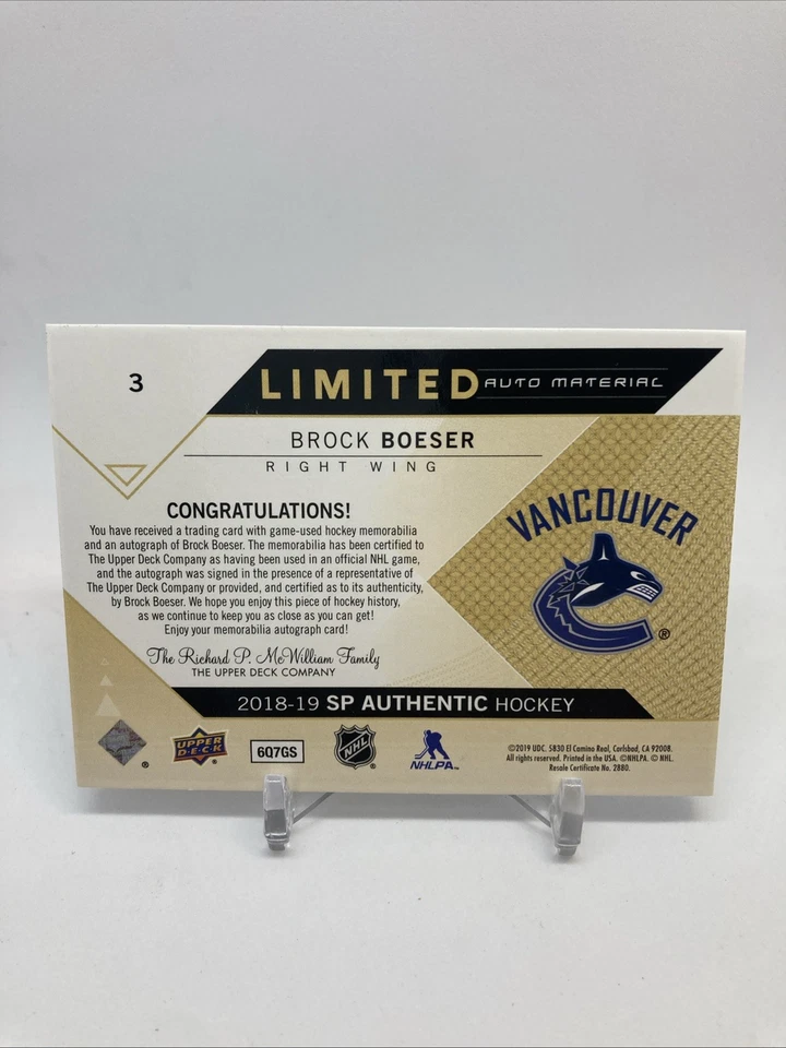 2018-19 SP Authentic Brock Boeser /25 Limited Auto Material Canucks - Image 2 of 3