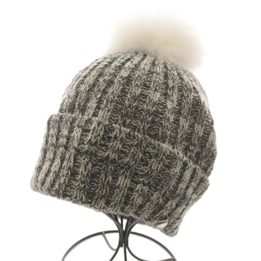 YVES SALOMON Knit Hat Knit Cap Beanie Hat Pom Pom Gray White White