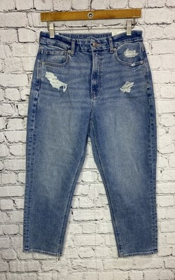 American Eagle Curvy Mom Jeans 8 X-Short Stretch Blue Distressed Denim NWT