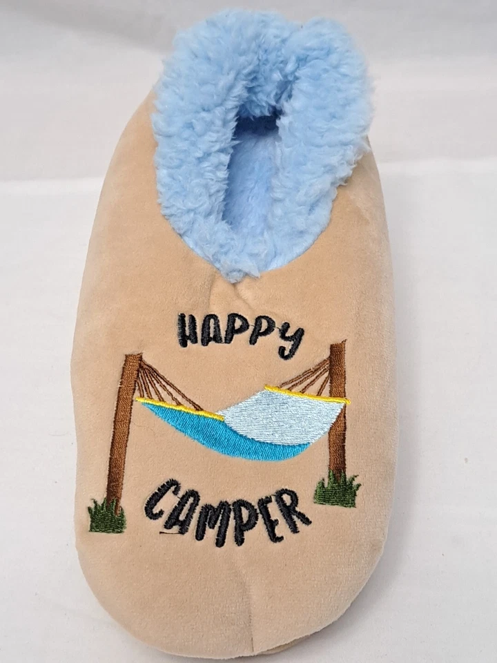 全新带标签 Snoozies 女式 Happy Camper 贴花毛绒拖鞋中号 7/8 棕褐色蓝色 — 第 2/4 张图片