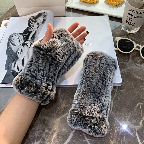 Womens Winter Real Rabbit Fur Gloves Knitted Stretch Fingerless Mitten Gloves - Picture 2 of 102