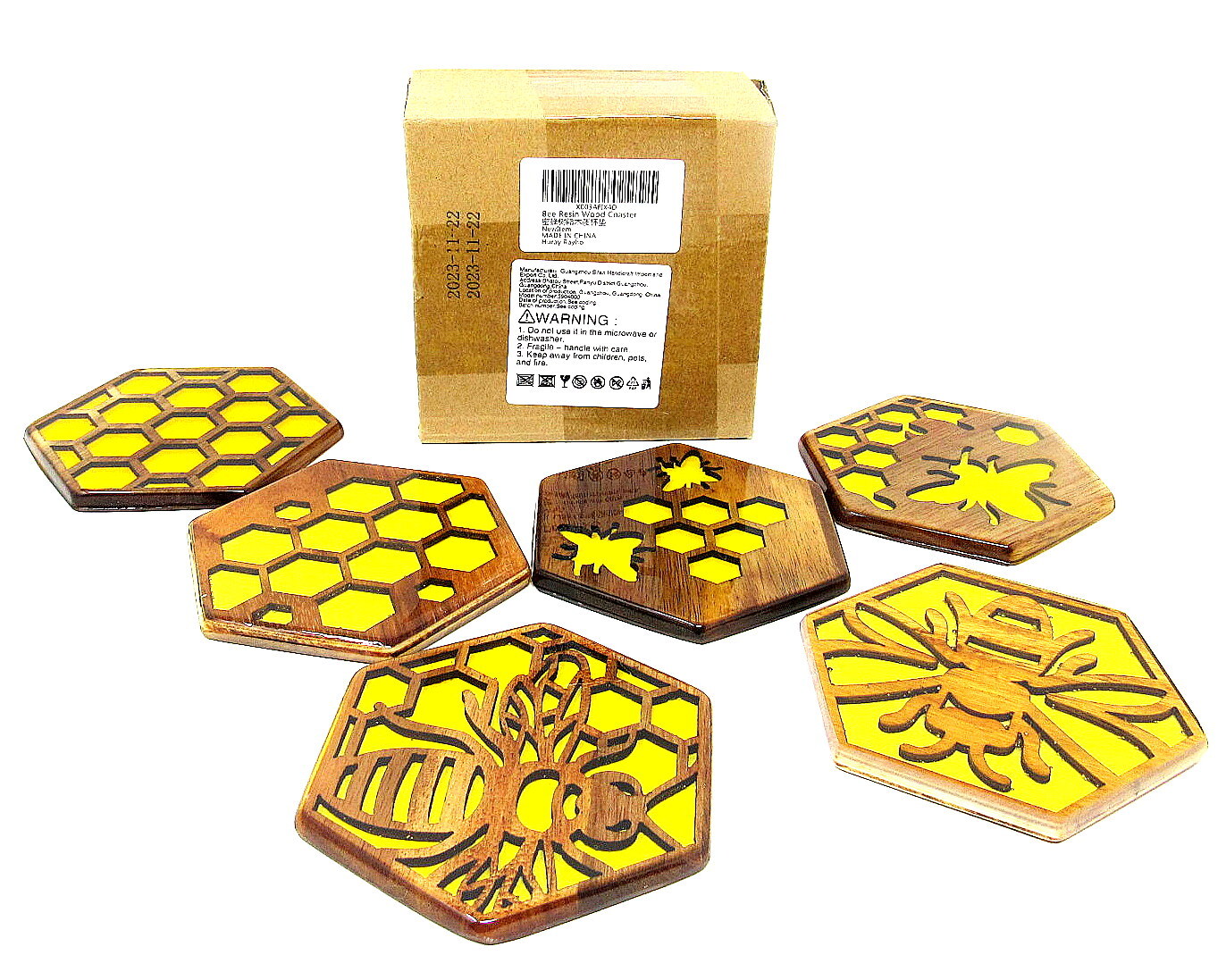 Honey Bee Resin Wood Coasters Set of 6 Honeycomb Epoxy Drink Protectors