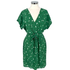 Studio B By Bobeau Green Floral Faux Wrap Short Sleeve Dress Size Medium