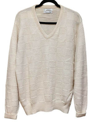 Vintage Men Christian Dior Orlon Acrylic V-neck Sweater Ivory Large Preppy USA