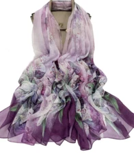 100%  Silk Scarf Women neckerchief Shawl Wrap floral thin purple green CX5-1