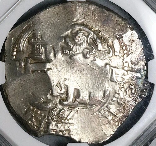 1667 NGC AU 55 Bolivia 8 Reales Cob Colonial Charles II Coin POP 1/0 (25081201C)