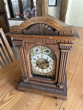 Antique Oak Mantel Or Bracket Clock Brass And Silver Dial Chiming Movement