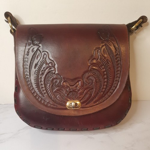 Vintage Hand Tooled Leather Shoulder Saddle Bag Boho Western Hippie Distressed