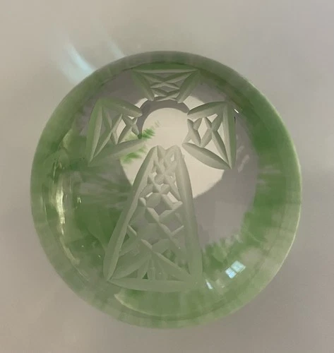 Vintage Waterford Ireland  Crystal Paperweight Green W/Etched Cross 3 Inch