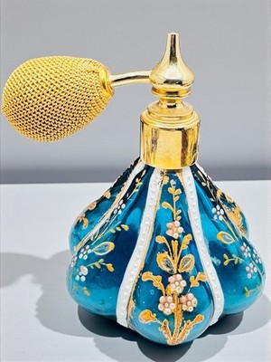 Antique Moser? Blue Bohemian Glass Painted Perfume Bottle With Atomizer