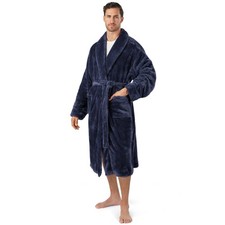 Mens Warm Robe Fluffy Bathrobe Spa Bath Robe Shawl Collar Sleepwear Male Long