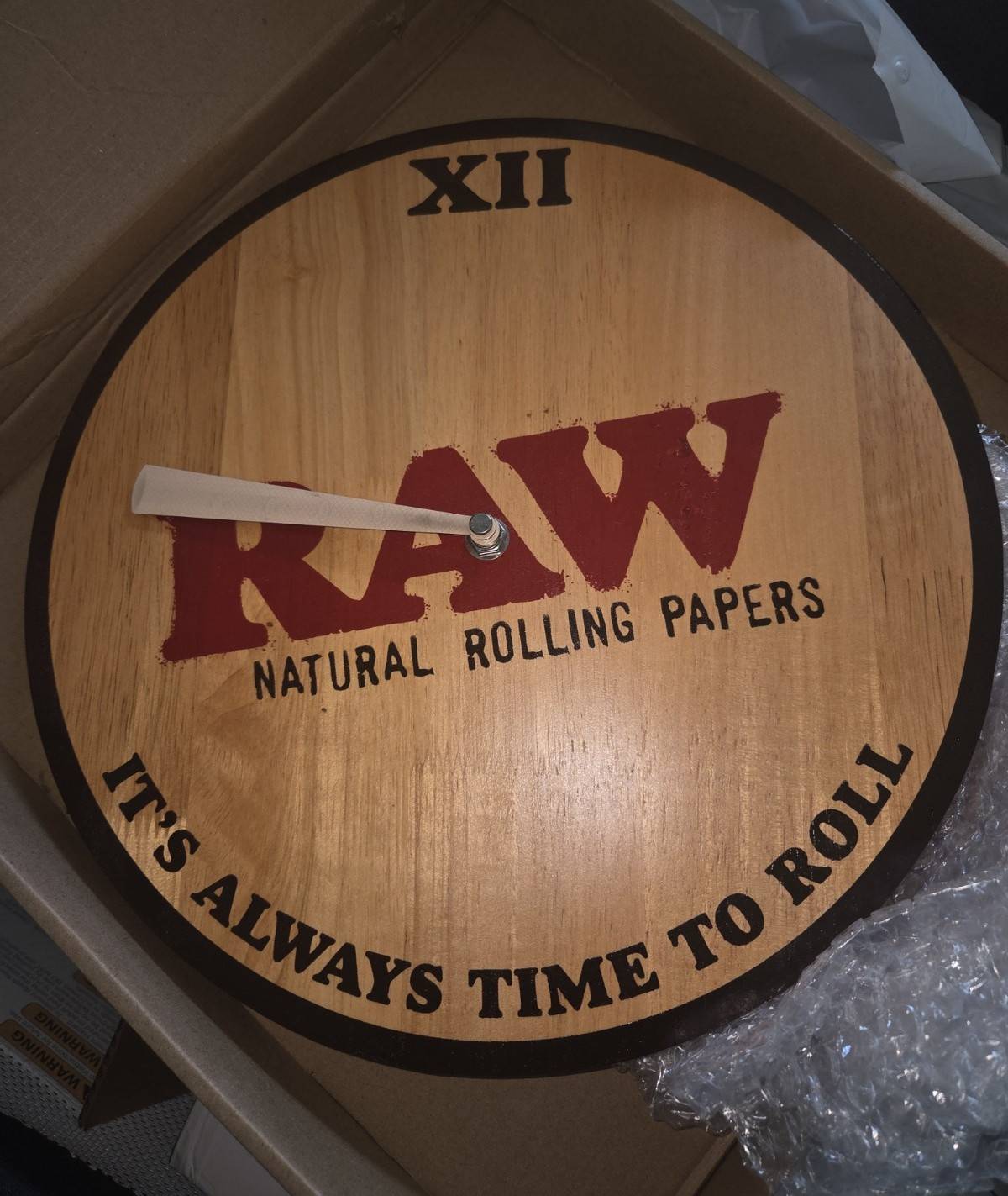 RAW Wooden Round Hanging Wall Clock Analog Quartz Roman Numerals "Time To Roll"
