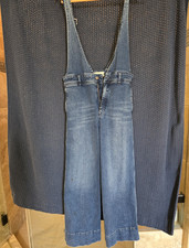 Free People Women s Blue Solid Denim Overall Jumpsuit Size 0 Wide-Leg