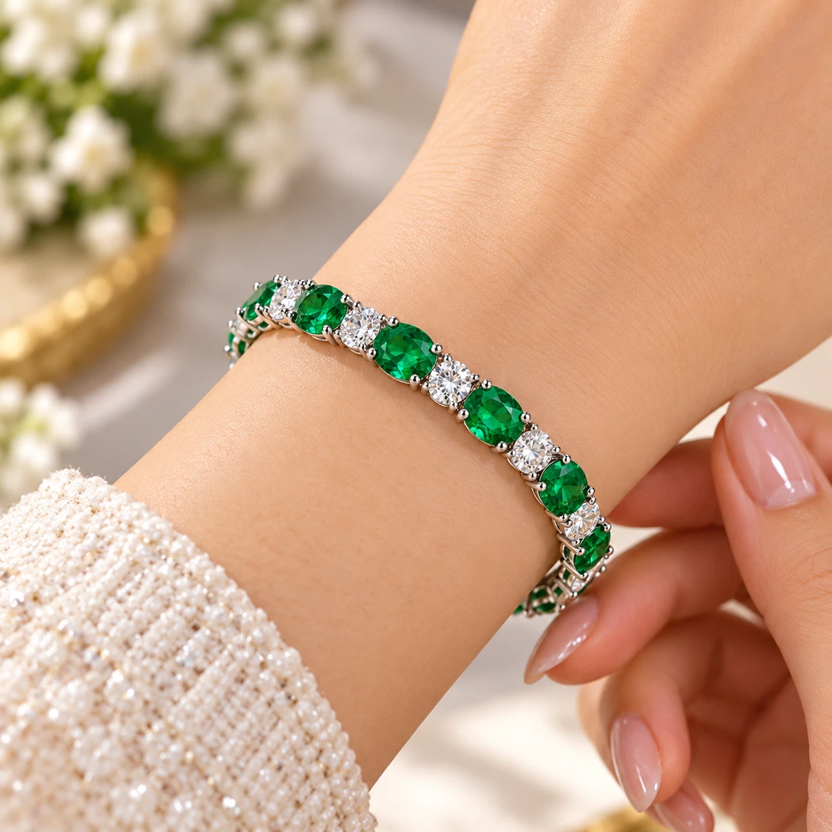 Natural  Emerald & Diamond Round Cut Wedding Bracelet 10K White Gold 15.50 CT