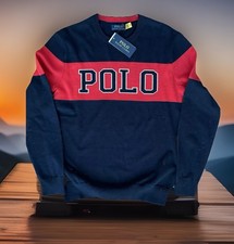 NWT POLO RALPH LAUREN Men Navy Pullover Cotton Sweater  POLO  Spell Out Logo Sm