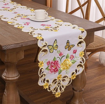 Pink and Yellow Flowers with Butterflies Scalloped Edge Table Runner for Spring