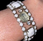 Vintage Weiss Bracelet White Milk Glass With Rhinestones Signed Silver Tone