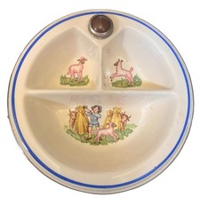 VTG 1940s Little Boy Blue Divided Bowl Warmer Dish Ceramic  Chrome Blue EUC