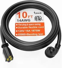 14 Gauge 10 FT Flat Plug Extension Cord Black Indoor Outdoor, Heavy Duty 3 Pr...